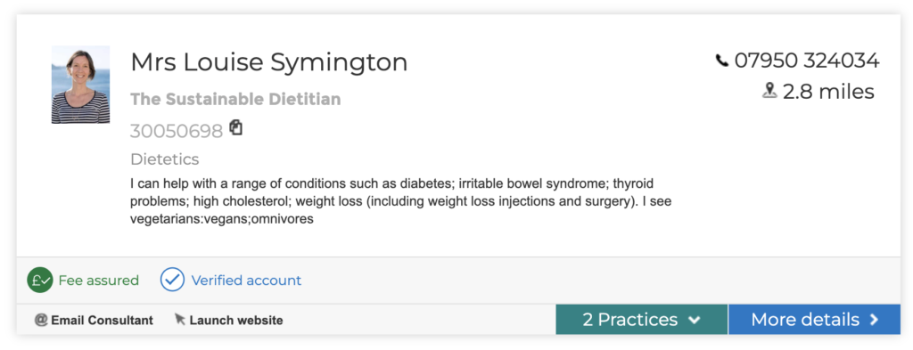 Sustainable Dietitian profile on Bupa website